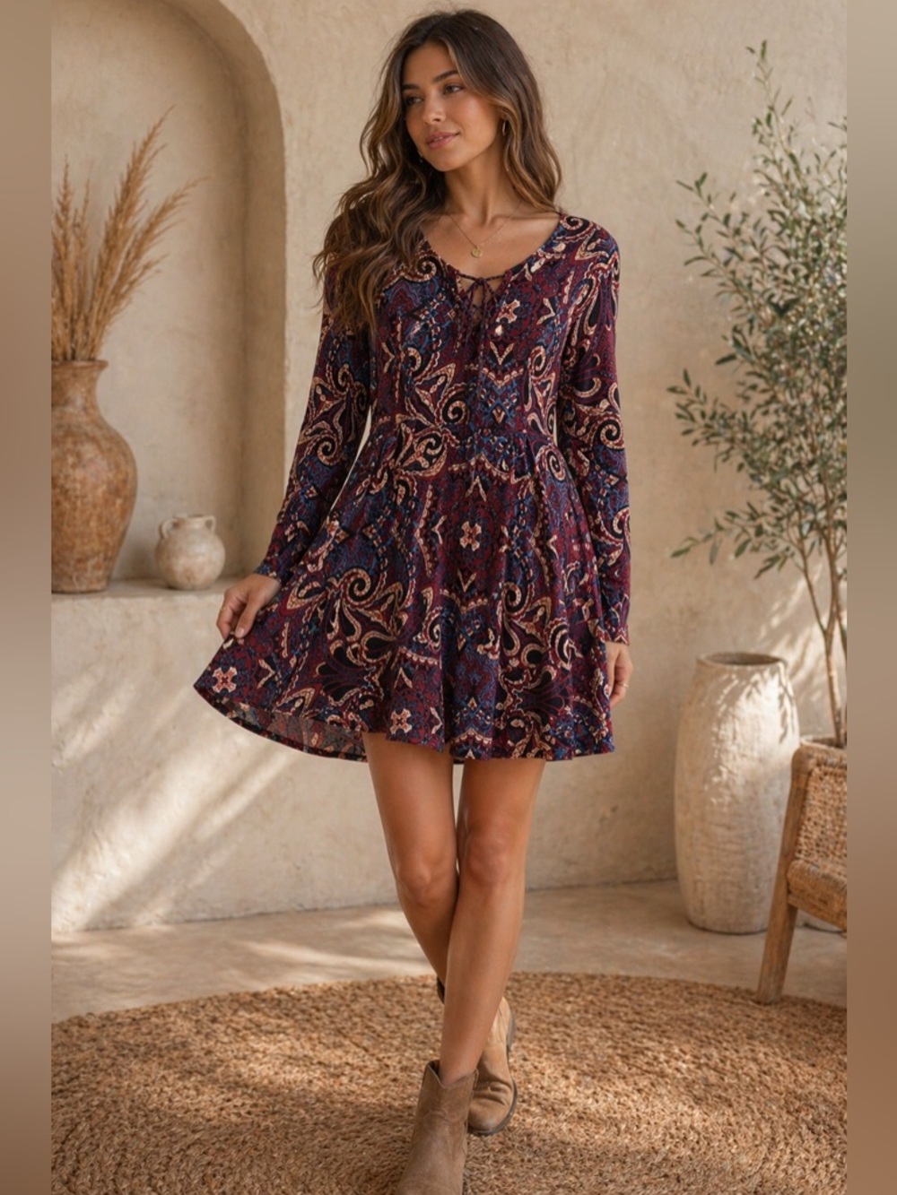 🔥5/$30🔥 Paisley Boho Long Sleeved Mini Dress | Size Small